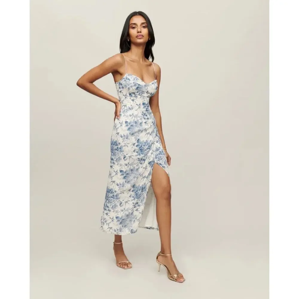 NWT Reformation Kourtney Midi Dress Pompadour Blue White Floral 4P Petite - Picture 6 of 9